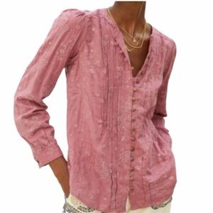 Anthropologie Pilcro Button Embroidered Blouse Rose Pink Sz M